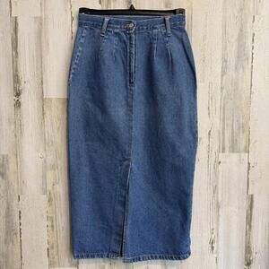 Vintage Women's Small America Tall Classic Blue Denim Midi Skirt Front Slit